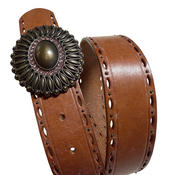 Fossil Accessories - Fossil Leather Belt Womens Small Tan Brown Boho‎ Sunflower Buckle BT2849 231